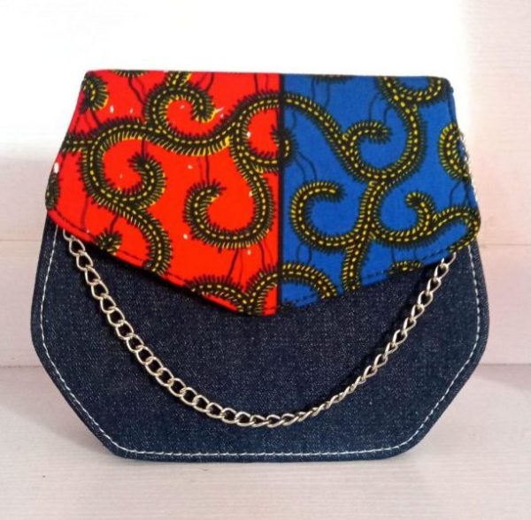 Hexagonal Denim/ Ankara Mix Bag